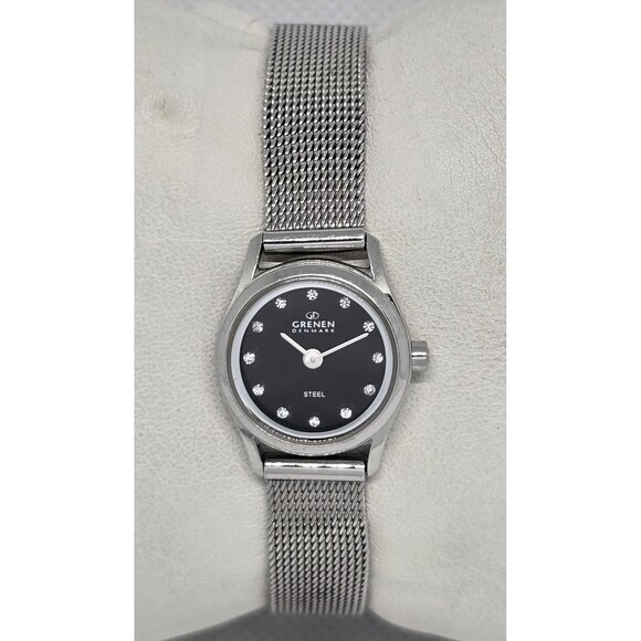 grenen Accessories - Women's Grenen Denmark Round Black Dial Crystal Marker Mesh Bracelet Watch 09